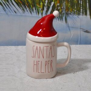 Rae Dunn Santa's Helper White Ceramic 16 oz Mug with Red Santa's Hat Topper